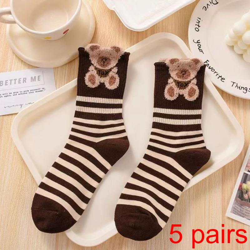 1/5 Pairs Women's Autumn Winter Mid Tube Socks Internet Famous Hot Item Instagram Trendy New Three-dimensional Cute Little Bear