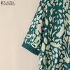 ZANZEA Women Casual Turn Down Collar Loose 3/4 Sleeve Retro Print Long Dress