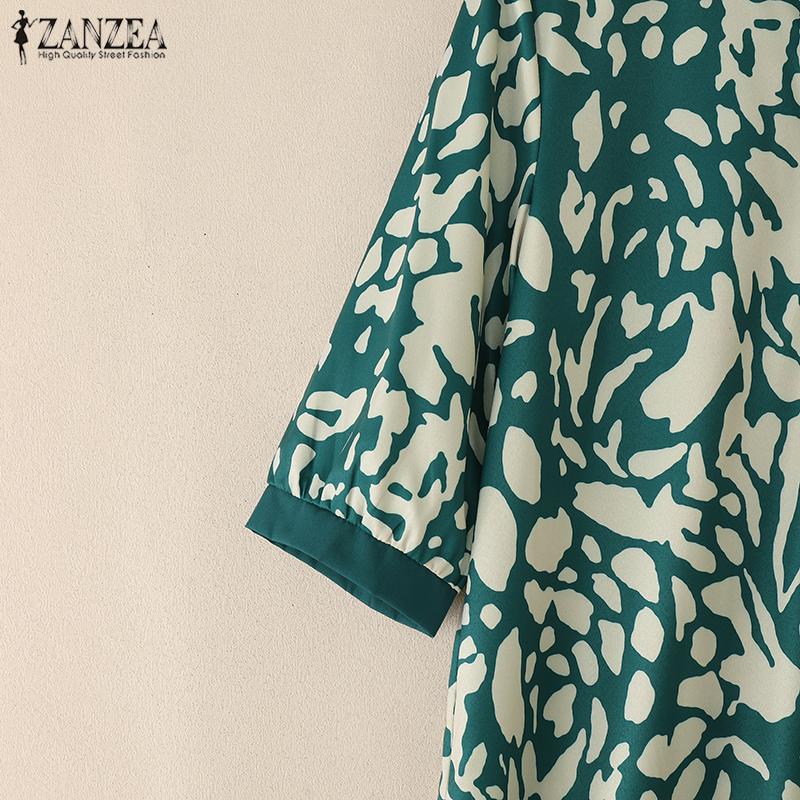 ZANZEA Women Casual Turn Down Collar Loose 3/4 Sleeve Retro Print Long Dress