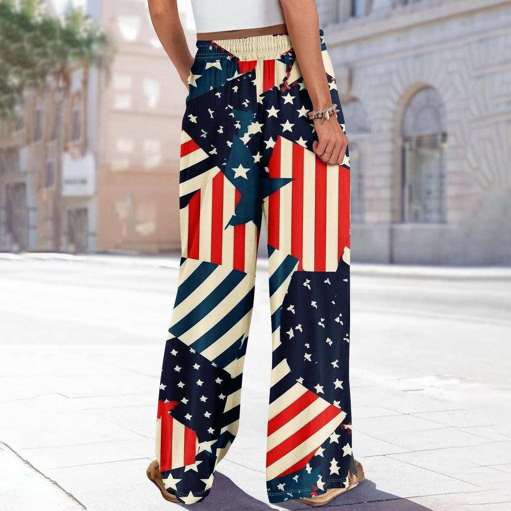 Damen Sommer Boho Palazzo Hose Hohe Taille Weites Bein Independence Printing Freizeithose mit Taschen