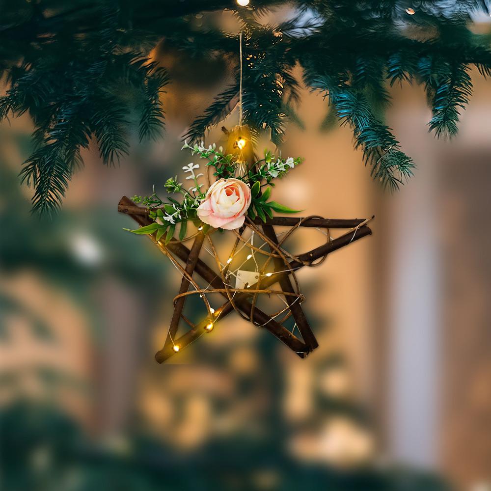 Festive Led Star And Christmas Tree Wooden Hanging Decor For Home Decoration