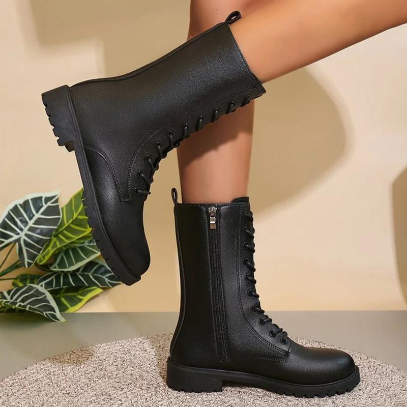 Fashion Lace Up Zipper Boots for Women Autumn Winter 2025 Solid Platform Modern Boots Woman Square Heel