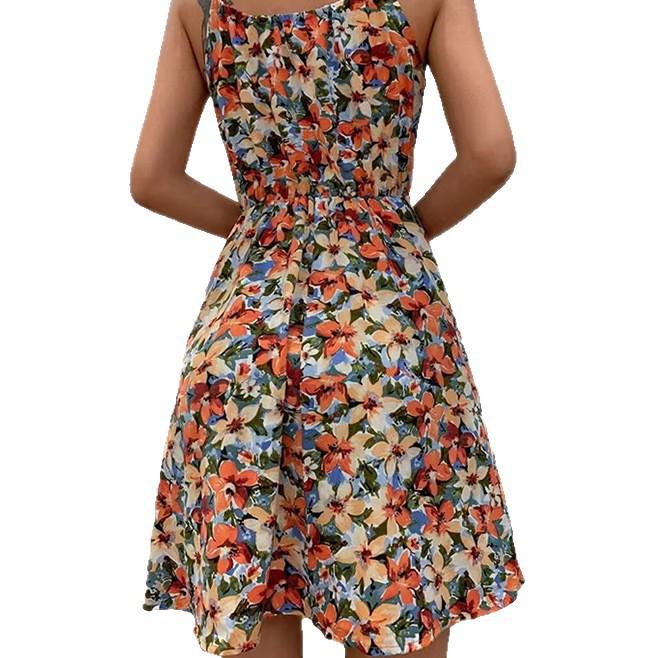 2026 Summer Floral Strappy Sleeveless Dress for Women: New Fashion with Elastic Waist.