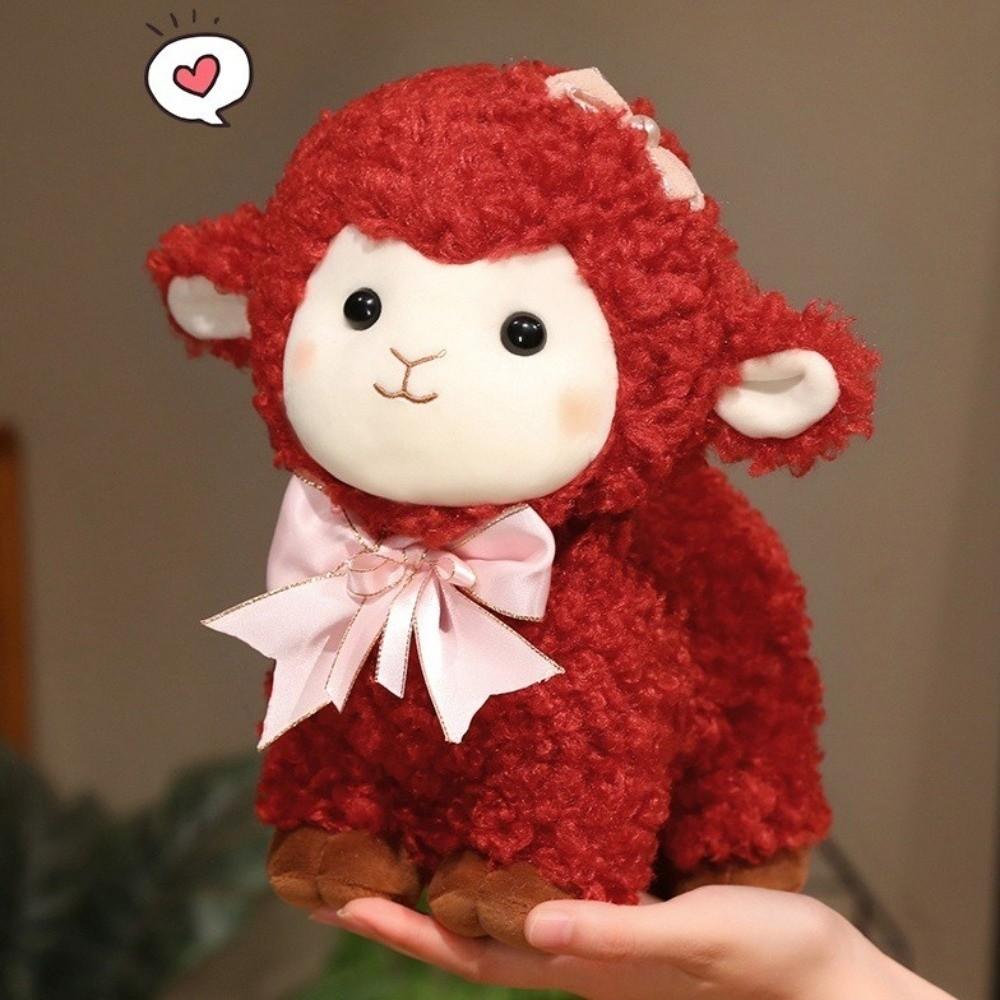 Bowknot Sheep Stuffed Animal Curly Wool Spring Festival Doll Goat Plush Mascot New Year Gift