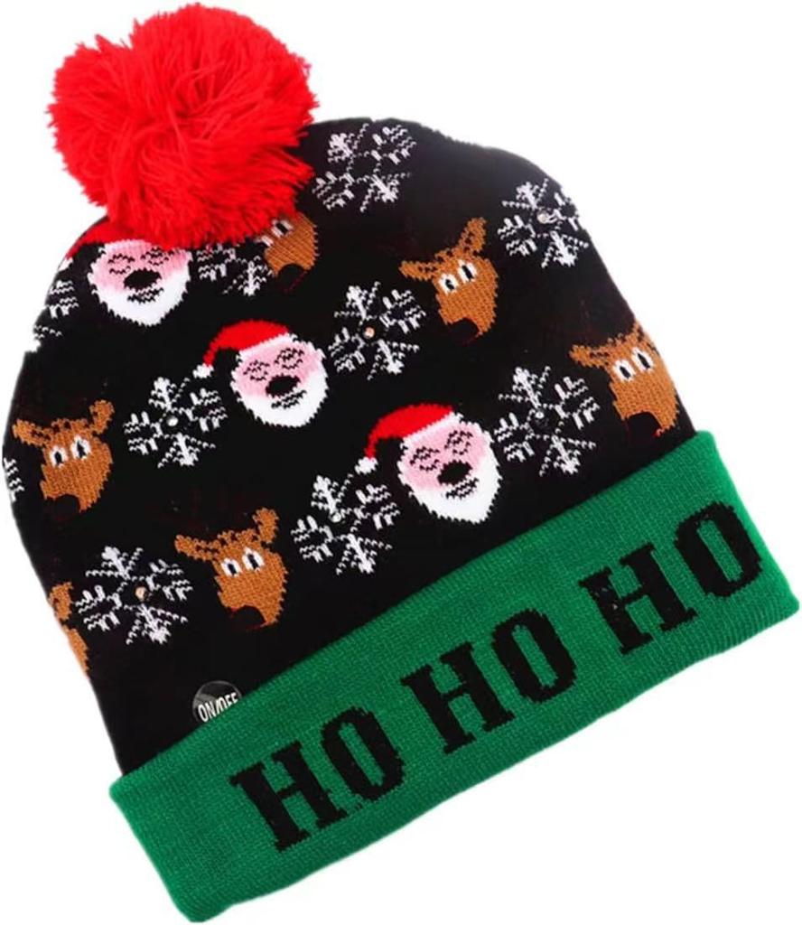 Colorful Dazzling LED Christmas Hat Holiday Pompom Ball Knitted Winter Beanie for Adults and Children Festive Party Hat