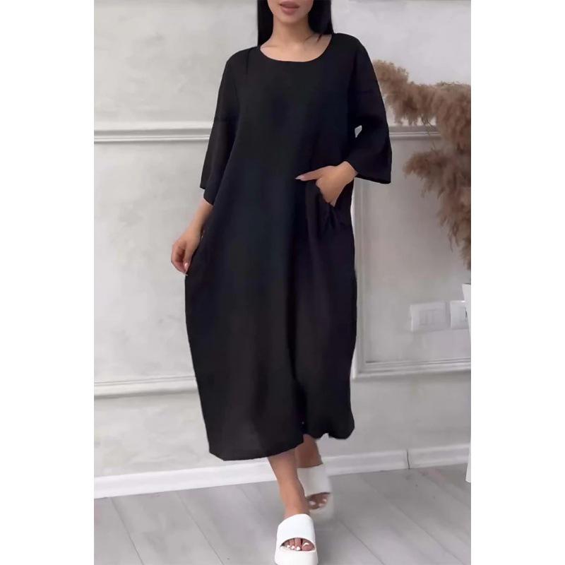 

2024 Женское Хлопково-Льняное Однотонное Повседневное Платье на Пуговицах Длинное с Круглым Вырезом 2XL чёрный