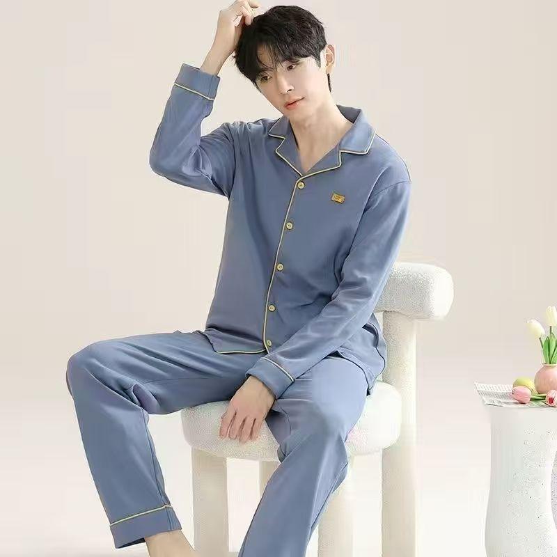 Men's Loose-Fit Pure Cotton Pajama Set: Long Sleeve Cardigan & Pants for Spring/Autumn