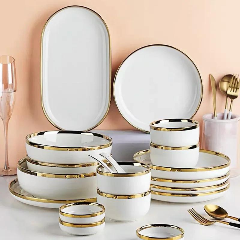 Gilt Rim White Porcelain Dinner Tray Food Dishes Rice Salad Noodles Bowl Ceramic Plates Bowls Kitchen Plates Ceramic Tableware