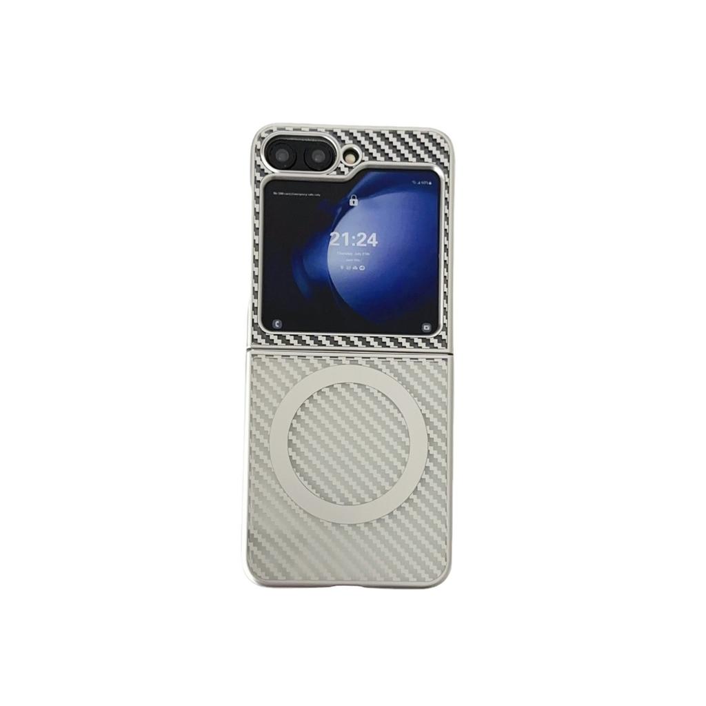 Compatible with Samsung ZFLIP7 Carbon Fiber Magnetic Phone Case: ZFLIP5/4/3 Foldable Screens with Electroplated Stripe Protective Case