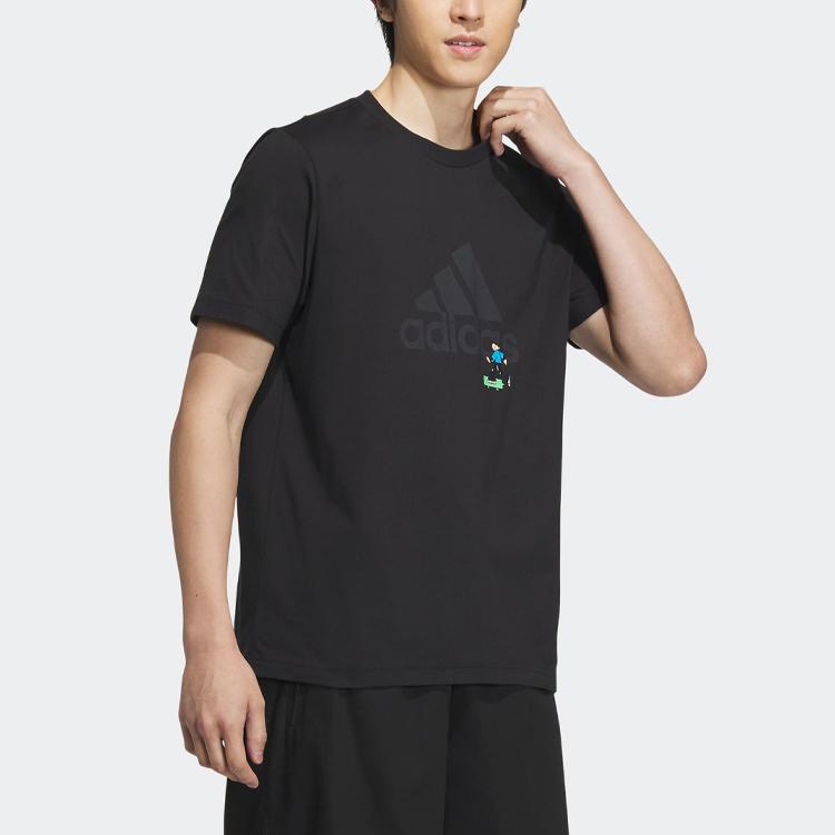 Adidas Graphic Logo Cartoon Print Casual Sports Tee Men Tops Black IA8155