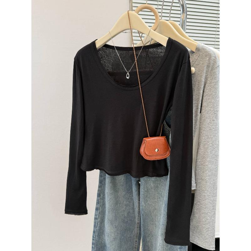 

Реальное фото большой вырез U-образный вырез хлопковая футболка с длинным рукавом женская утренняя приталенная короткая футболка топ XL чёрный