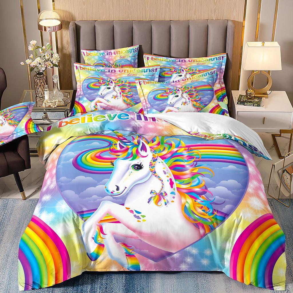 Cartoon Animation Bedding 3D Digital Printing Animal Plaid Unicorn Quilt Cover Three-Piece Set