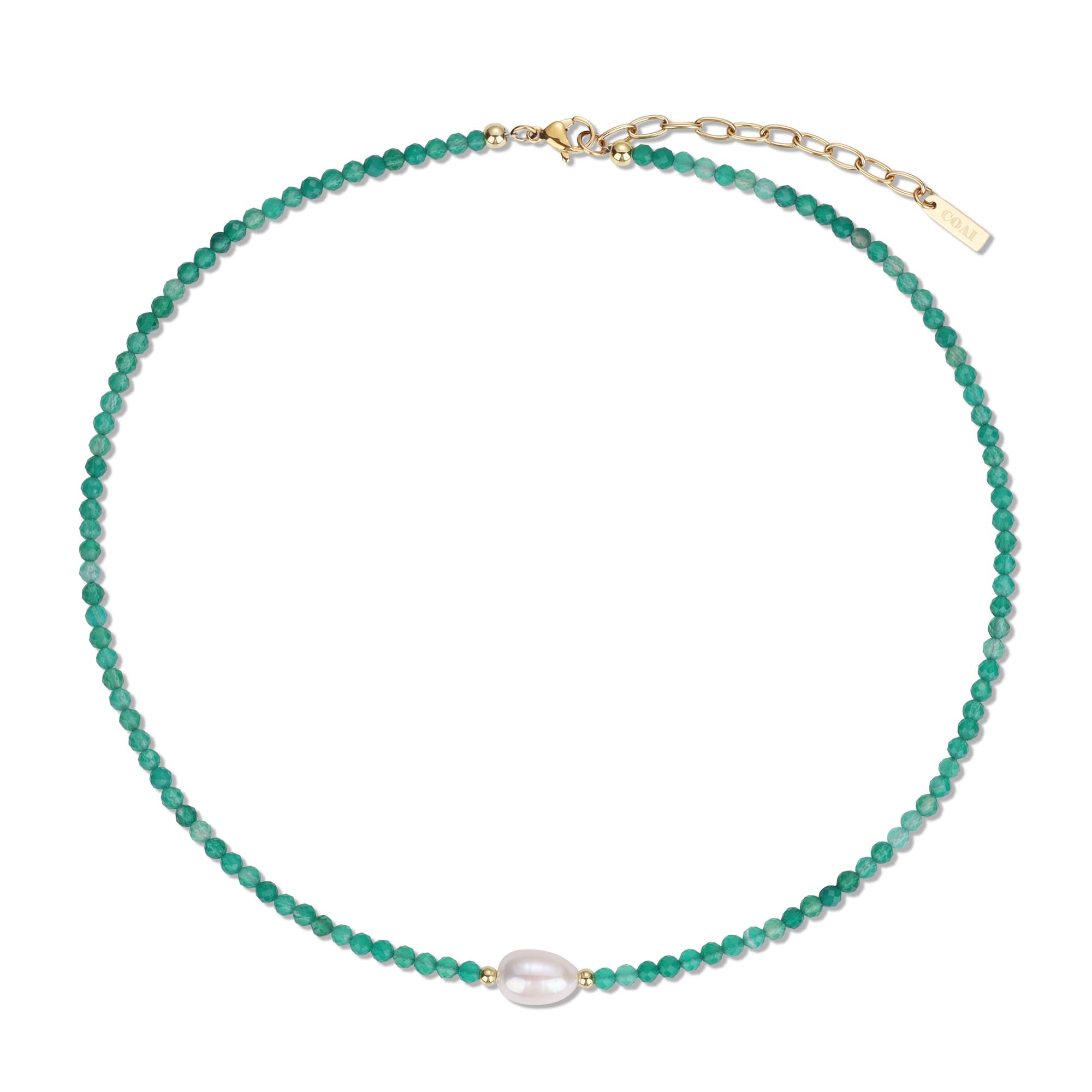 

3mm Cut Green Agate Freshwater Pearl Power Stone Necklace for Women [Koai] зелений