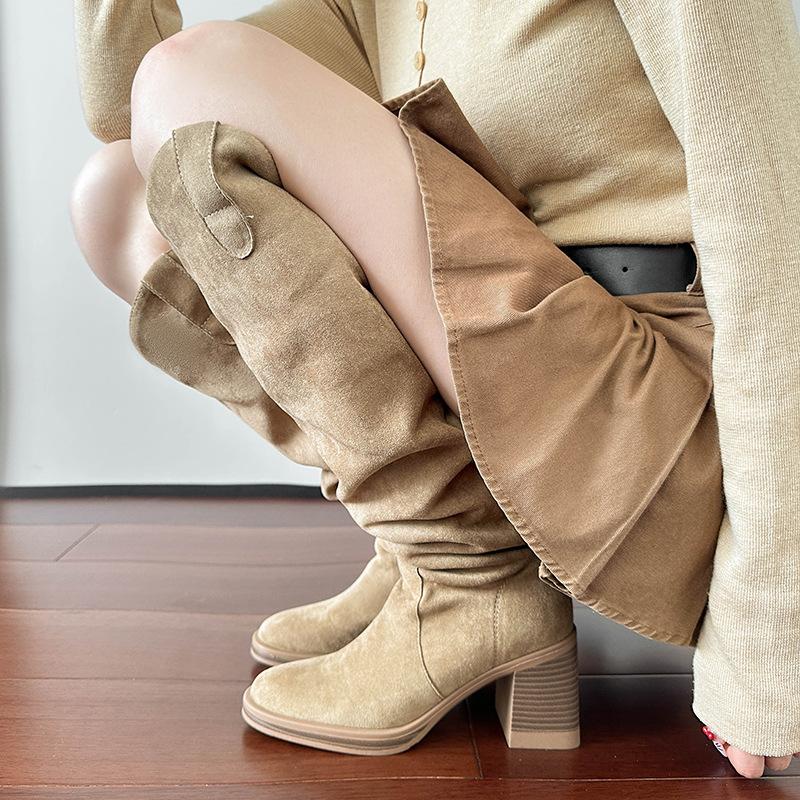 Boots for Women High Top Western Cowboy Boots with Soft Soles High-heeled V-neck Long Boots for Women