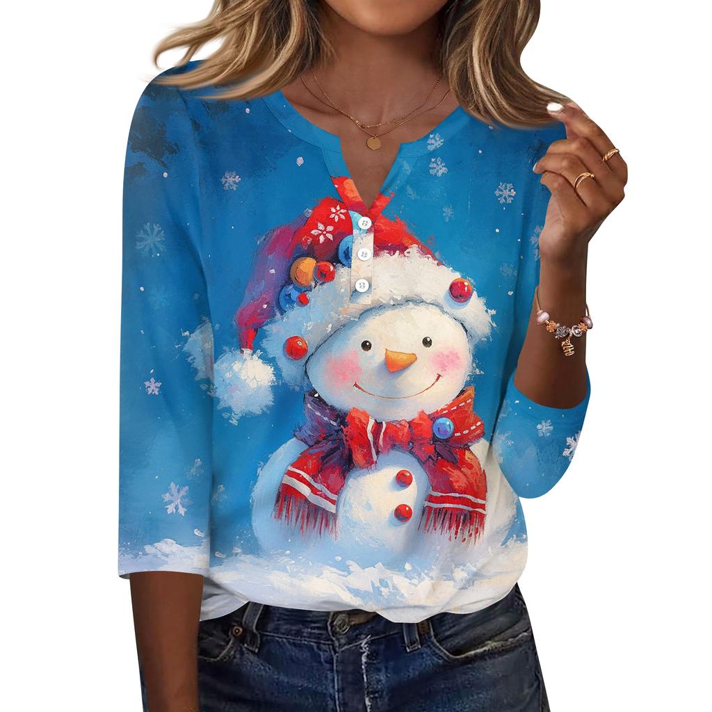 Women's Casual Christmas Print V-Neck T-Shirt with Decorative Buttons and 3/4 Sleeves