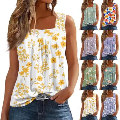 Women's Fashion Casual Pleated Square Collar Sleeveless Vest Print Summer T-shirt