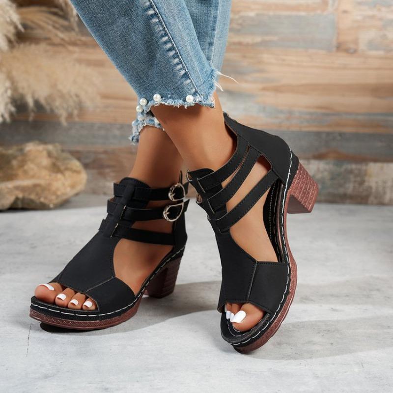 New Summer Mid-heel Sandals Large Size Thick Heel Rear Zipper Open-toed Sandals Women