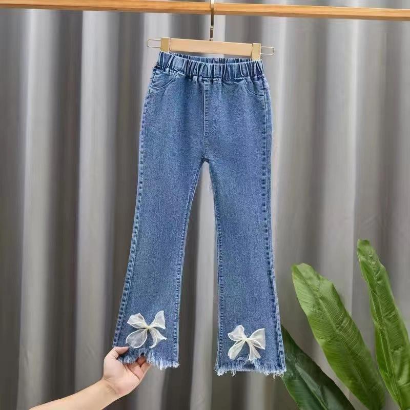 Autumn Elastic Kids Jeans Girls Cute Leisure Bow Denim Blue Children Flared Pants Teenage Girl Clothes Trousers 3-12Y