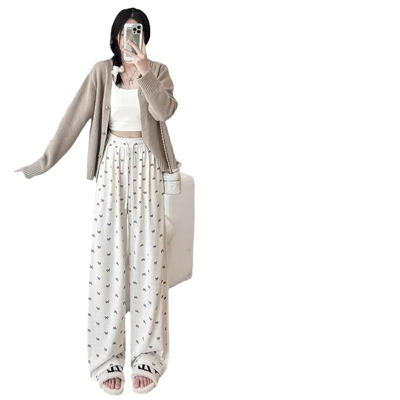 Women's Petite Beige High Waist Bow Wide Leg Pants - Spring/Autumn, Lazy Drape Style, 145-150cm