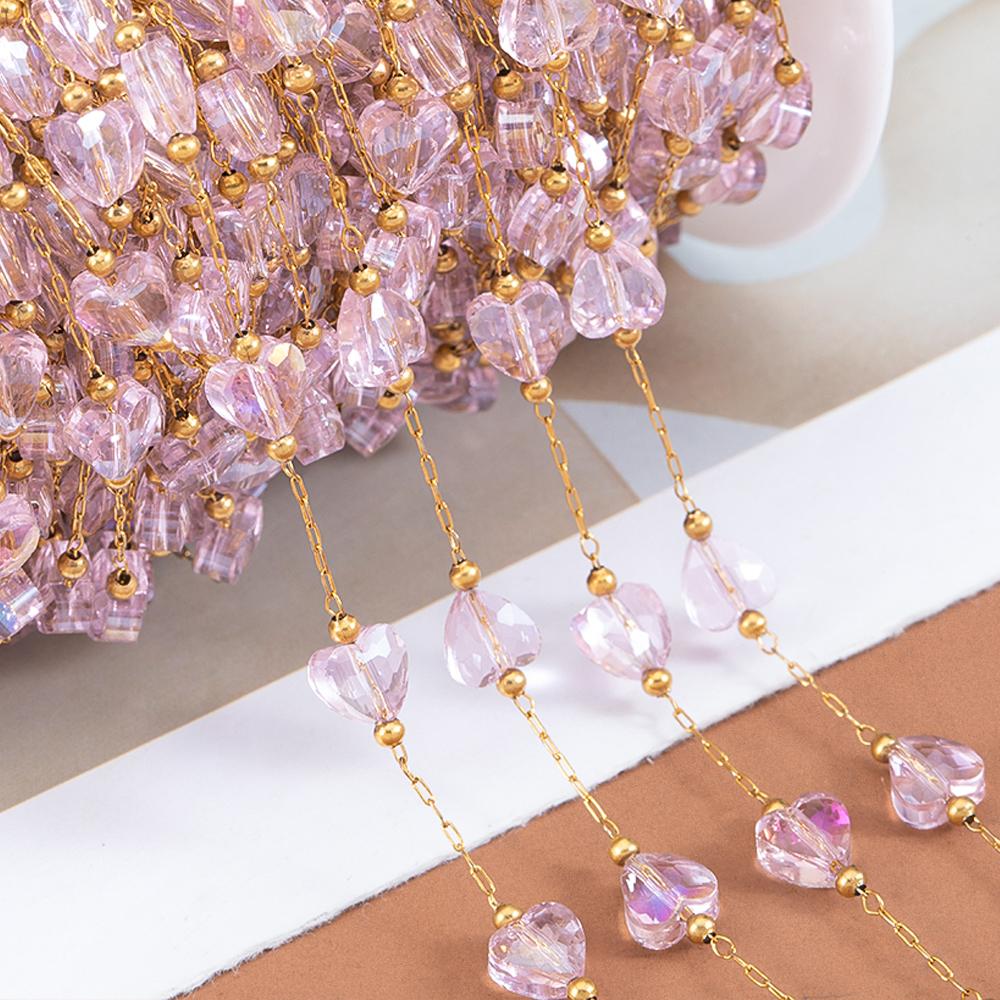 2meters 1meter Stainless Steel Love Heart Beaded Chain Clear Pink Green Crystal Chain for Necklace Bracelet Jewelry Making DIY