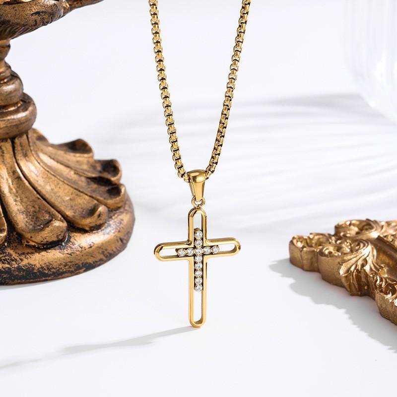 2026 Stone Cross Necklace Fashion Light Luxury Necklace Jewelry Premium Jewelry Full Diamond Men's Necklace