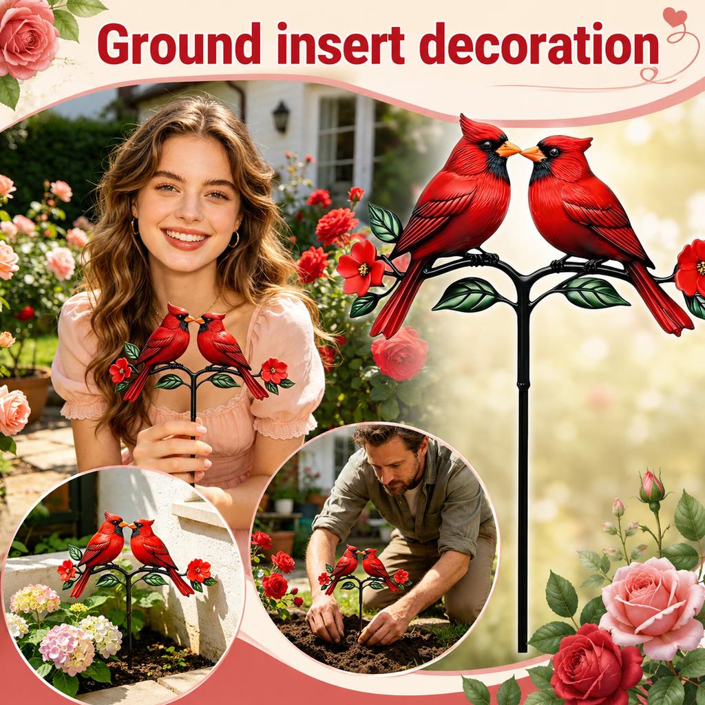Red Bird Garden Stake Ornament, Rustic Outdoor Yard Decor for Patio and Garden