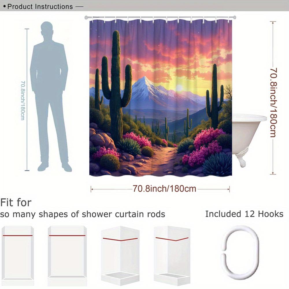 Desert Sunset Shower Curtain Cactus Landscape Print with Snowy Mountains Polyester Bath Curtain with Hooks for Boho Decor