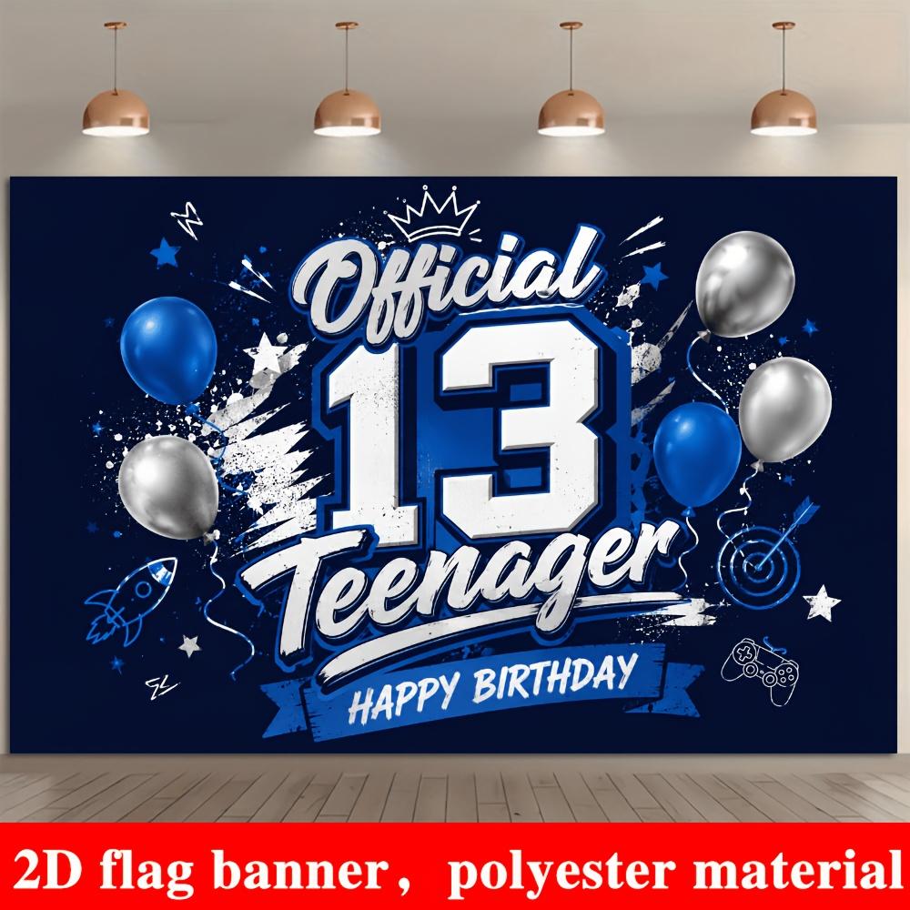 13th Teenager Birthday Banner Backdrop Blue Silver Balloons Rocket Game Controller