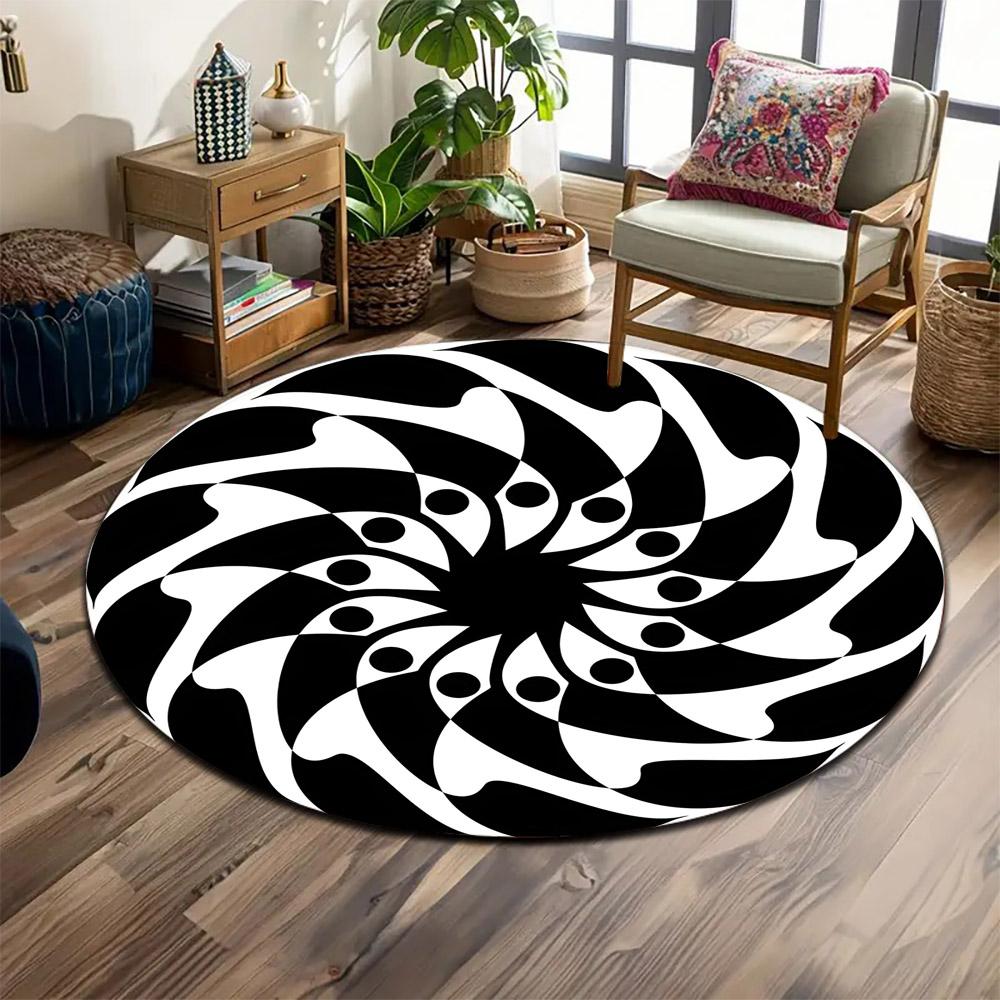 Abstract Black and White Spiral Pattern Print round rug, living room, bedroom, playroom carpet, non slip floor mat, gift