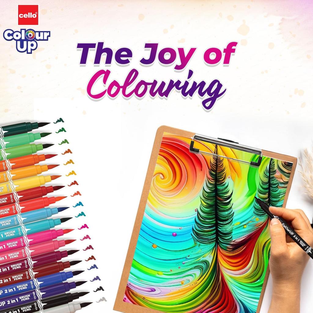 Cello BrushTipPens Multicolor 18 Shades 2-in-1 Brush And Sketch Pen Set Washable Non Toxic Art Pens For Kids Creativity
