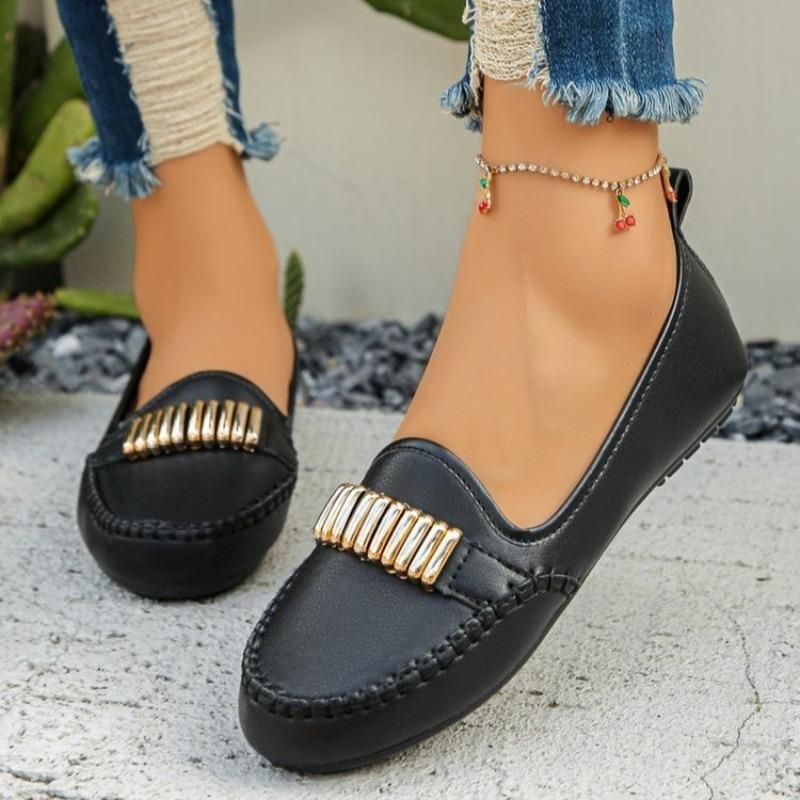 Fashion Plus Size Comfortable Flats Autumn New Round Toe Deep Mouth Metal Buckle Soft Sole Anti-slip Wear-resistant Single Shoes