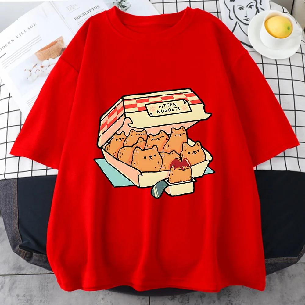 Kätzchen-Nuggets Glückliche T-Shirts DAMEN Kawaii und Niedlich High Street T-Shirts T-Shirts Katzenkekse Dip Kurzarm