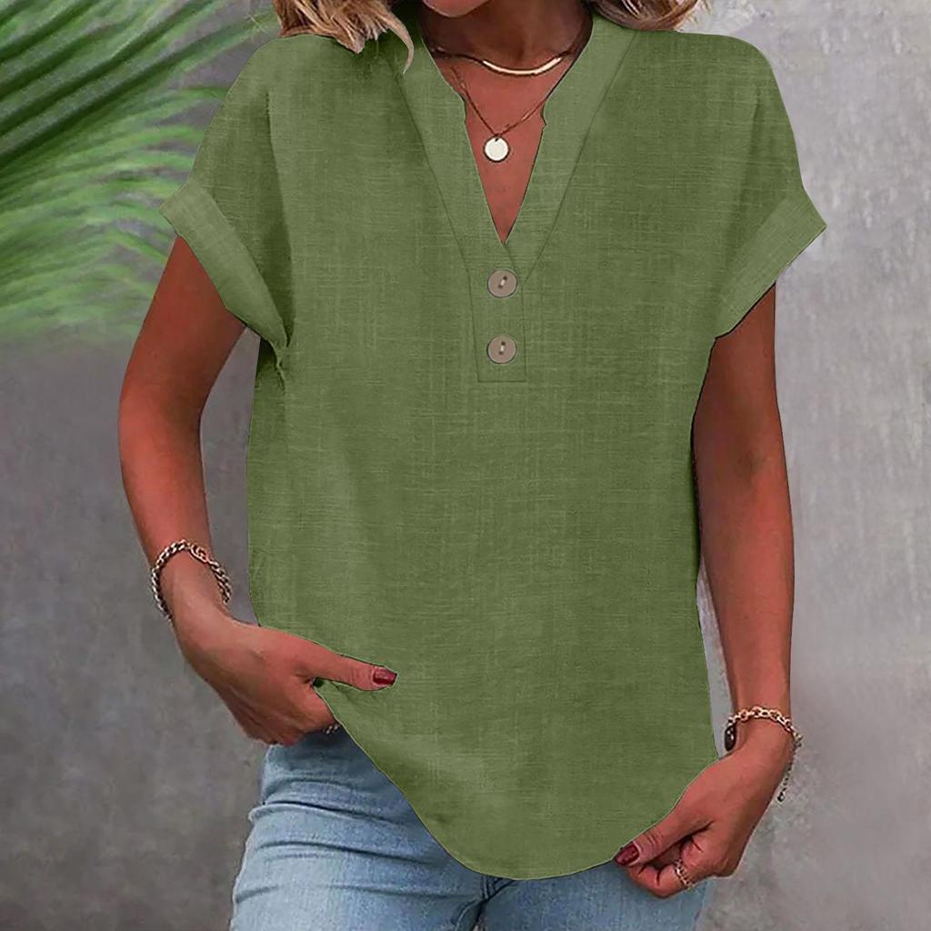 2025 Women's Solid Color V-Neck Buttoned Cotton-Linen Short-Sleeve Top