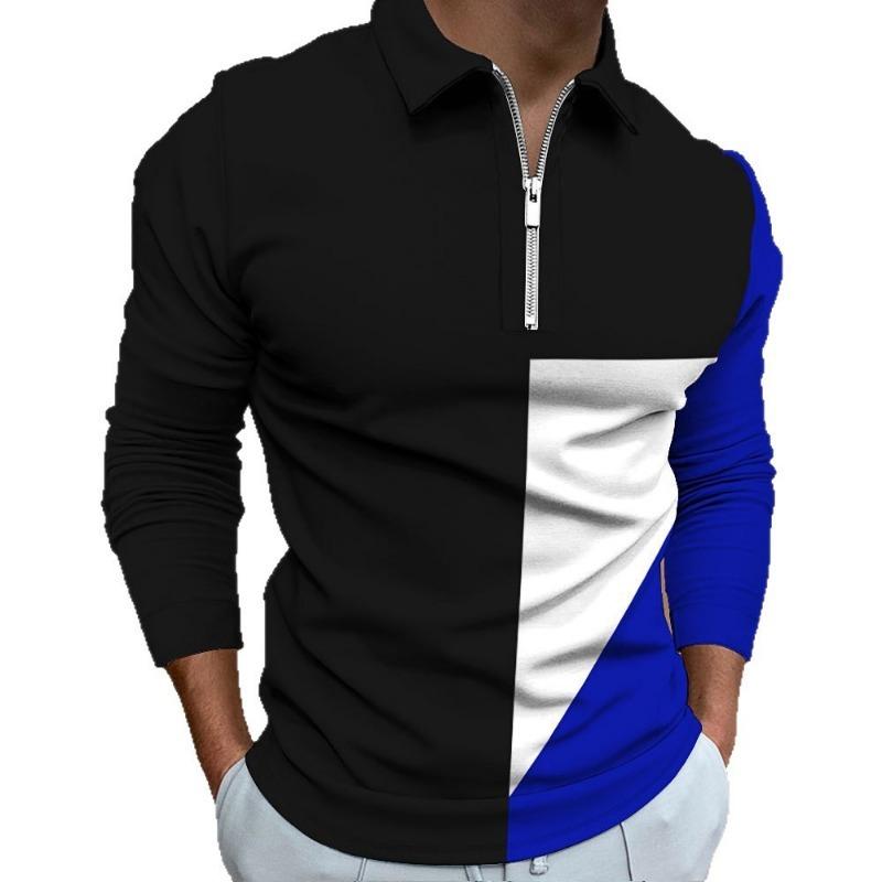 Mens Color Block Zipper Casual Slim Fit Long Sleeve Polo Shirt