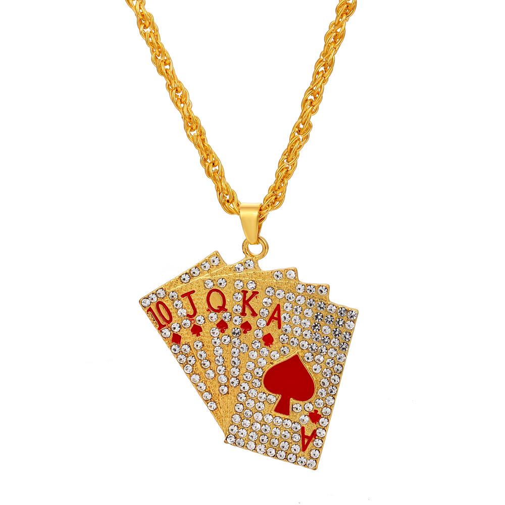 Punk Rhinestone Playing Card Pendant Necklace, Unisex Fashion Jewelry