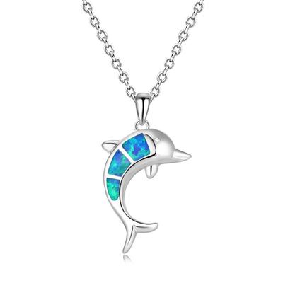 Boho Mode Meerestier Delfin Anhänger Halskette für Damen Mädchen Einlage Imitation Blauer Opal Halskette Hochzeitsparty