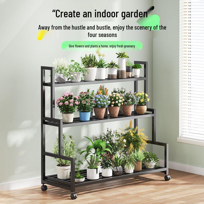 Wrought Iron & Wood Multi-Layer Flower Pot Stand for Balcony or Living Room