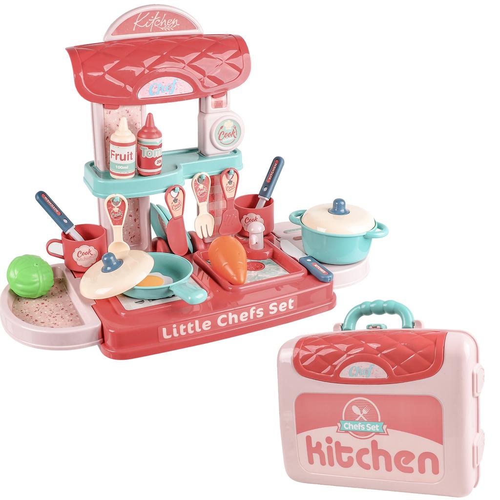 30Pcs Kitchen Play Toy Set Role Play Toys W/ Storage Suitcase Kitchen Utensils Cutlery Simulated Fruits Vegetables   Accessories