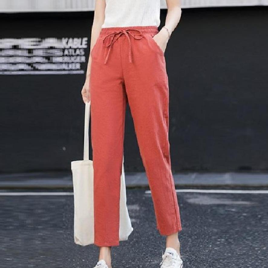 Women Solid Color Elastic Waist Ankle Length Pants Spring Summer Pure Cotton Pocket Ladies Trousers