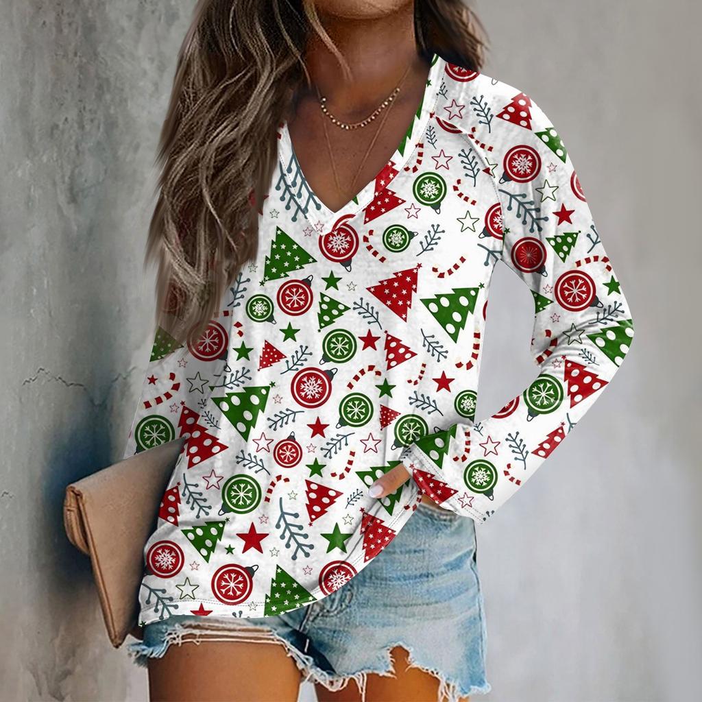 Bluză cu mâneci lungi cu decolteu în V, cu mâneci lungi, cu imprimeu grafic de Crăciun