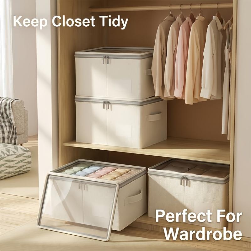 Linen Fabric Storage Box with Clear Window Collapsible Wardrobe Clothes Organizer Container with Lid Built In PP Board