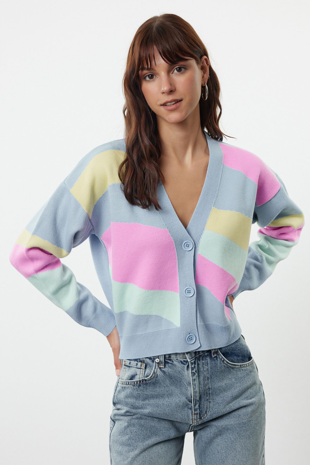 

Women s Fashion Stylish Cardigan Blue Color Block Knitwear Cardigan M