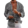 Men Lapel Long Sleeve Shirt Tops Pleated Thin Solid Color Single Breasted V-neck