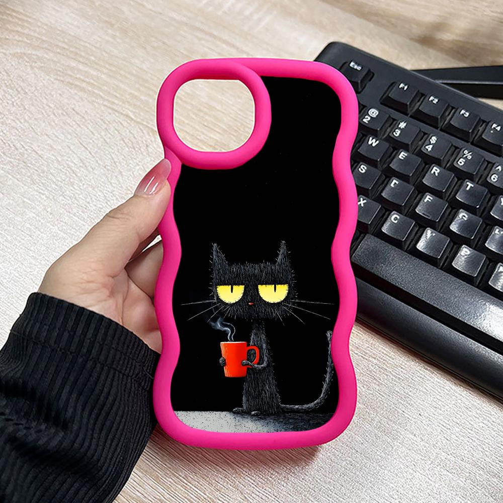 Cute Coffee Cat Wavy Edge TPU Mobile Phone Case for iPhone 17 16 15 14 13 12 11 Air Pro Max Plus Colorful Cover