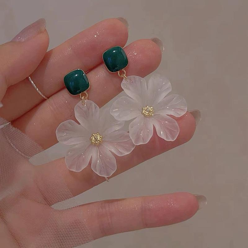 Acrylic Transparent Flower Earrings Elegant Stylish Design Forest Style Square Green Drop Glazed Earrings Women's Jewelry