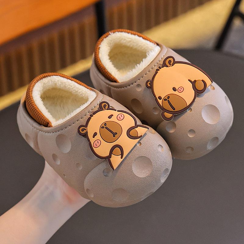 Autumn and Winter Children's Cotton Slippers for Both Boys and Girls, Warm and Plush Waterproof, Medium and Large Children's Bags with Cotton Heels
