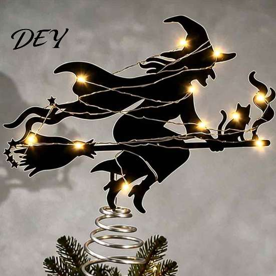Dark Atmosphere Home Decor Halloween Witch Tree Topper, with LED Lights, Black Iron Decoration Art Silhouette Ornament, for Christmas And Holiday