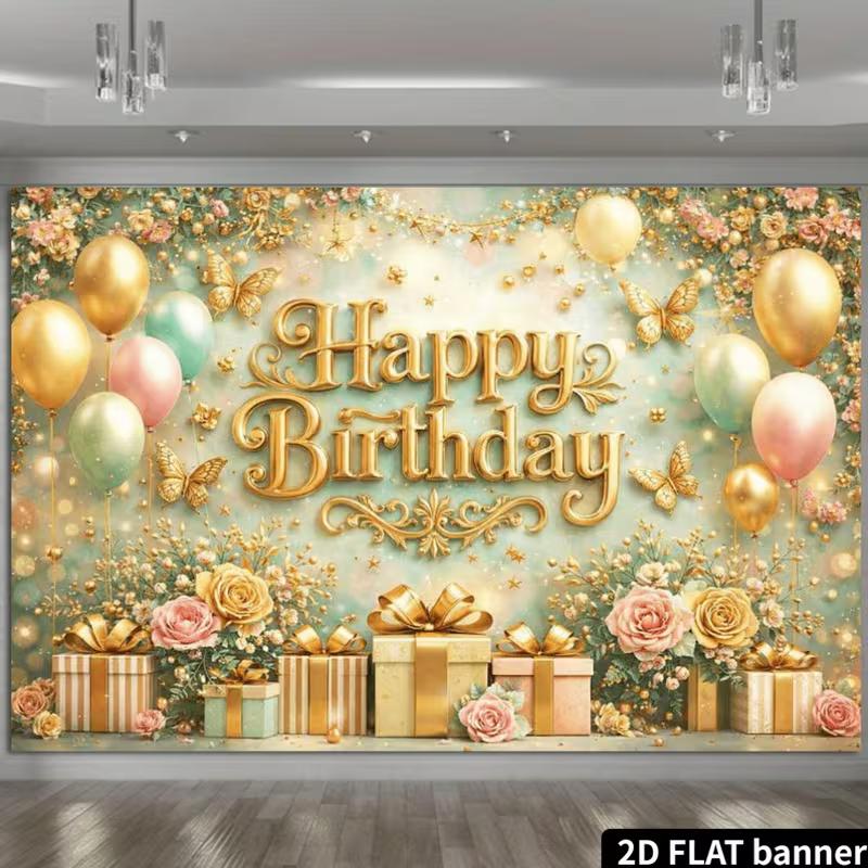 2D Gold Butterfly Floral Happy Birthday Backdrop Banner Photo Booth Background