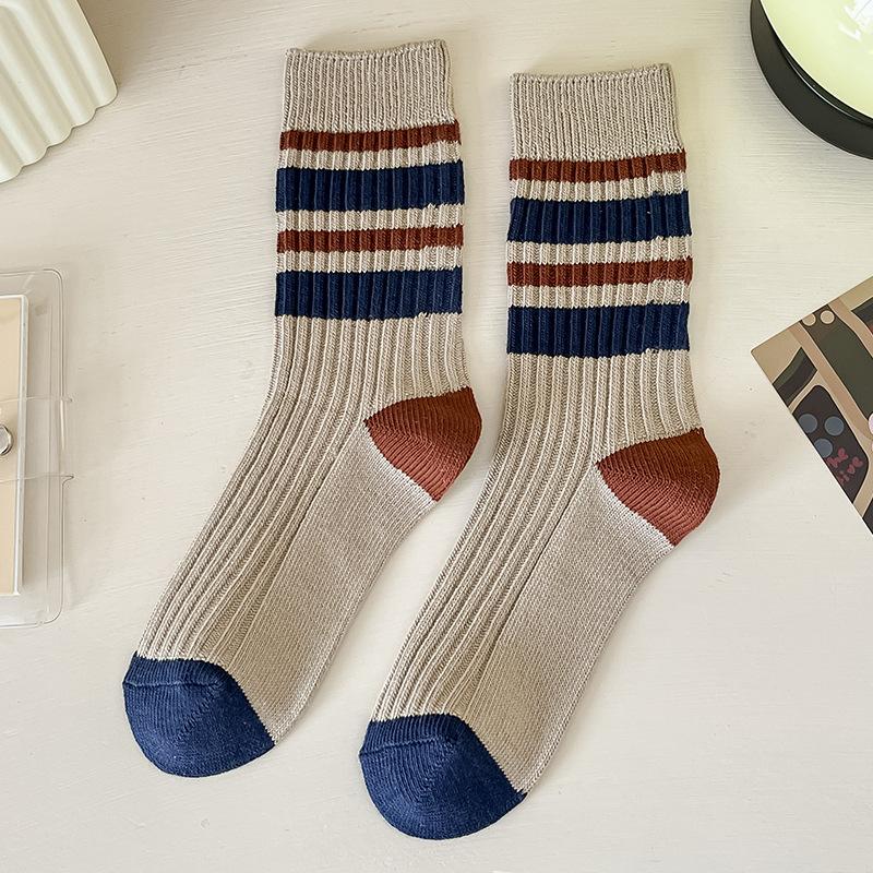 Women's Autumn and Winter Striped Embroidered Lettered Mid Calf Cotton Socks