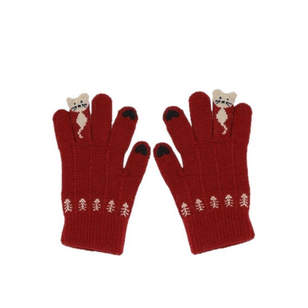 Kitty Pattern Winter Thermal Gloves Stretchy Full Finger Gloves  Outdoor